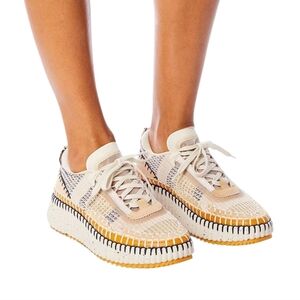 CHLOE Nama Woven Stitch Platform Low Top Sneakers Womens Size 35/5 Biscotti